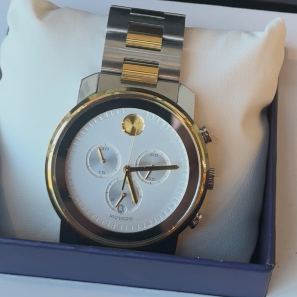 Movado Men's White and Gold Dial Chronograph Watch
